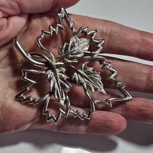Vintage Emmons Leaf Brooch Silver Tone Large Pin Textured Design, Signed Costume